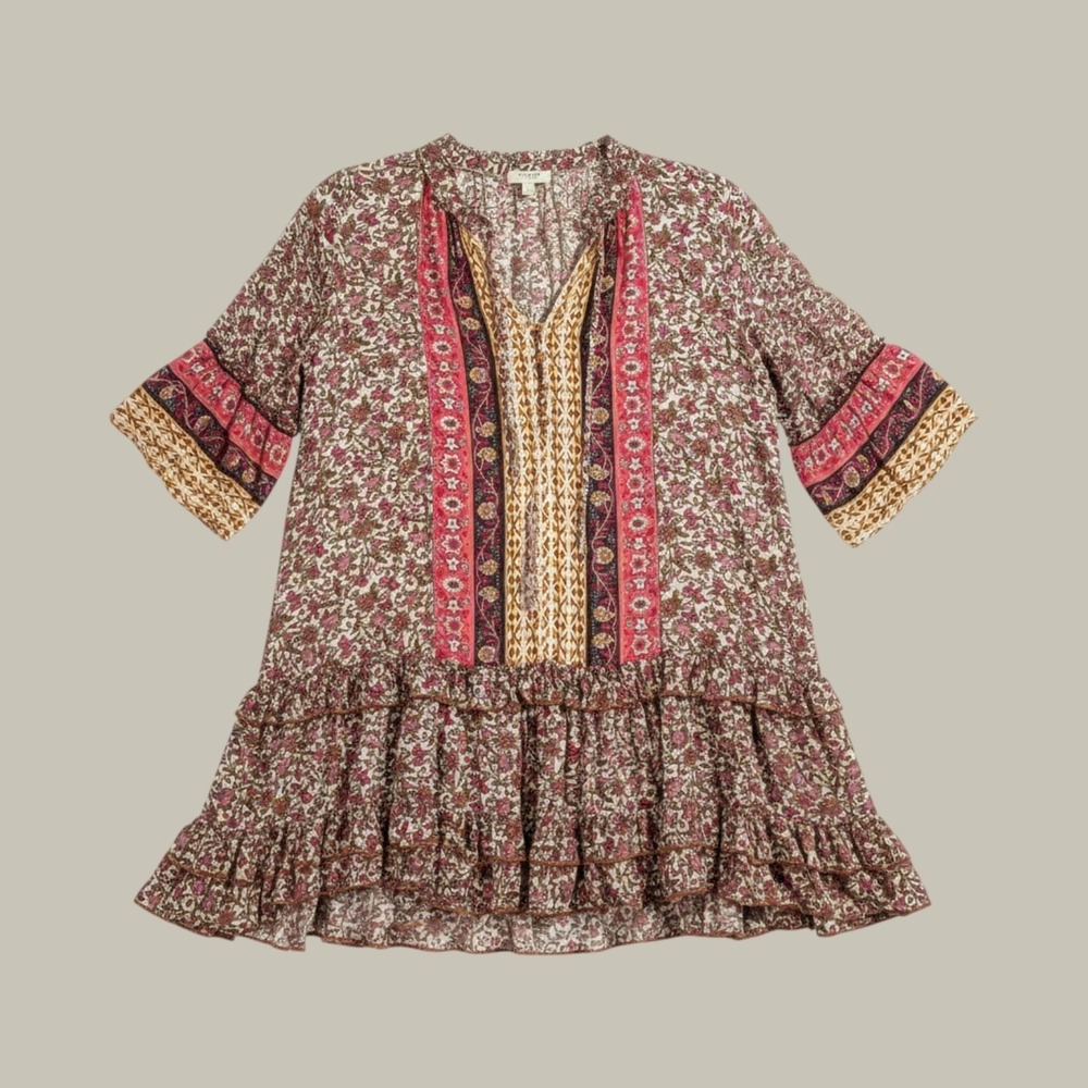 Umgee Boho Tunic Dress Womens Large Burgundy Floral Mixed Print Babydoll C3213